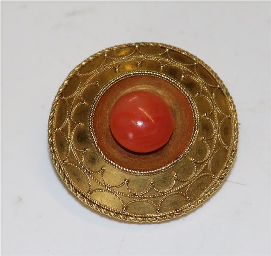 Victorian gold filigree and coral set circle brooch